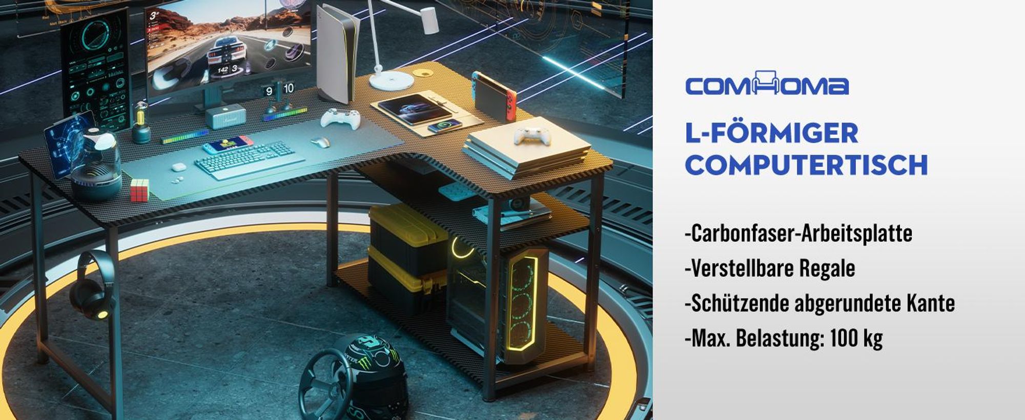 GTPLAYER Eckschreibtisch Schreibtisch Gaming Tisch, 100cm Computertisch L Form, PC Tisch für Büro, schwarz