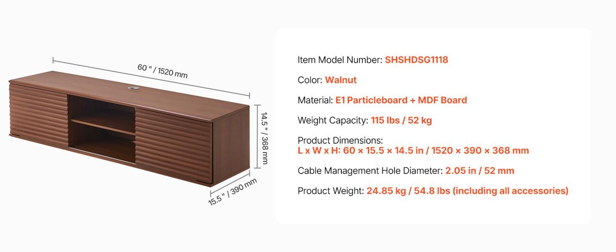 VEVOR TV Schrank hängend Wandhalterung, Fernsehschrank mit verstellbarem Regal &