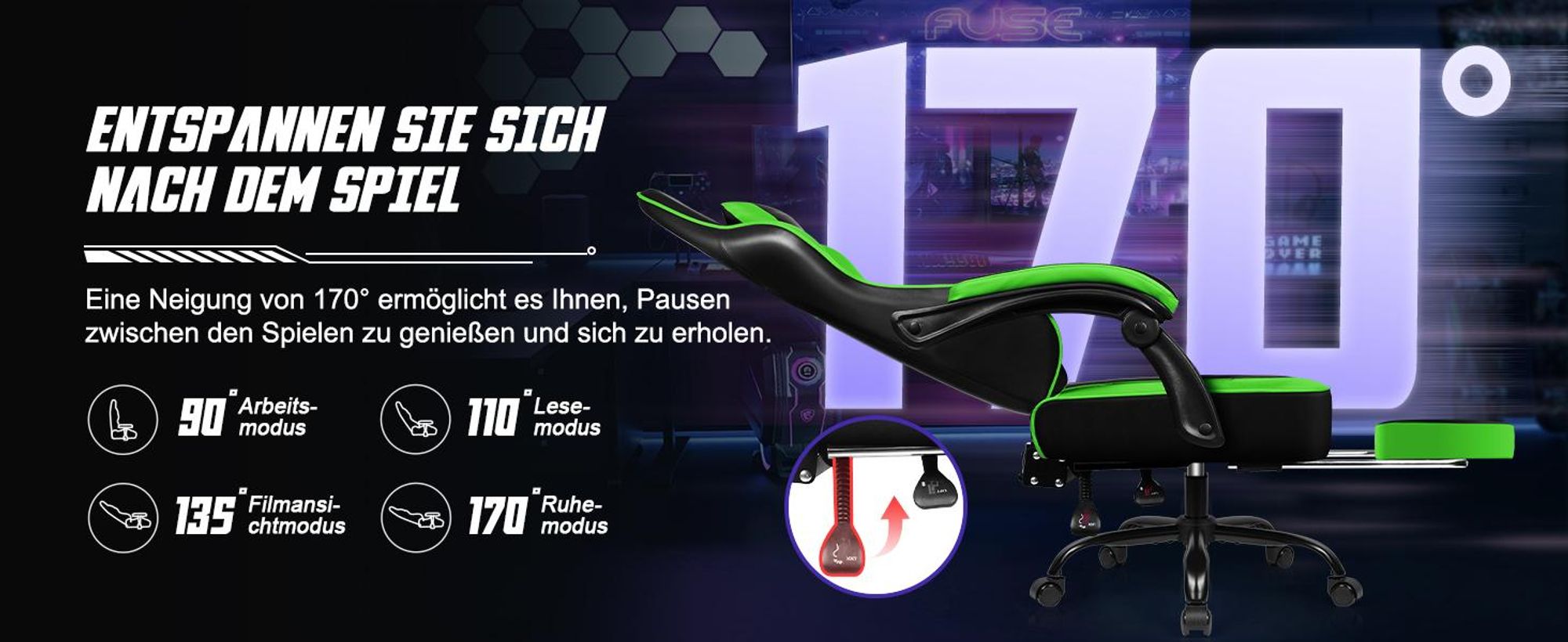 Adormii Gaming Stuhl, Ergonomischer Gaming Sessel, Schreibtischstuhl, Gamingstuhl mit Fußstütze, verstellbare Rückenlehne, Gaming stuhl 150 kg