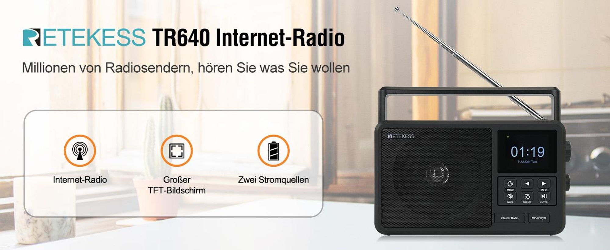 Retekess TR640 Internetradio DAB+,Tragbares Radio,Knopfbedienung,3,5-mm-Audiobuchse,Geeignet für Radio-Enthusiasten,Mit Fernbedienung
