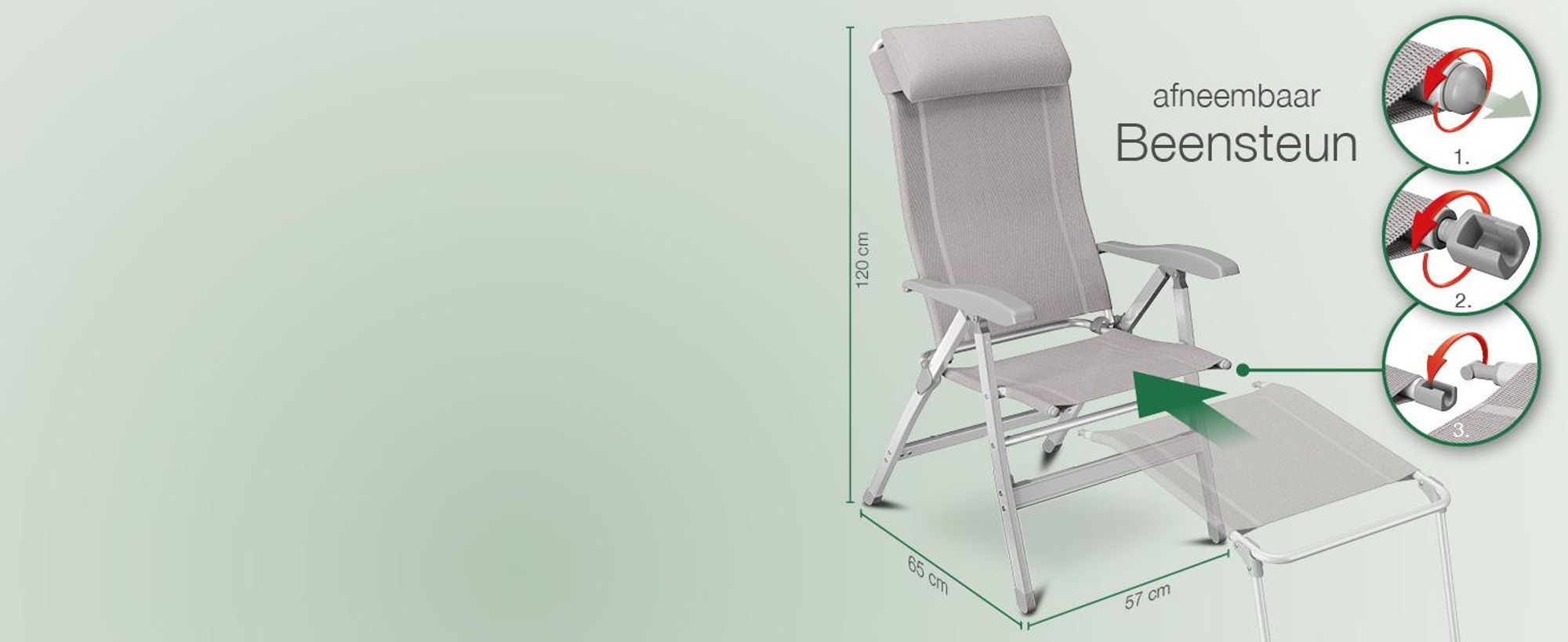 ELONEO Opvouwbare campingstoel met afneembare voetsteun, inklapbare stoel van aluminium, inklapbare tuinstoel, ligstoel met verstelbare rugleuning, campingstoel in taupekleur