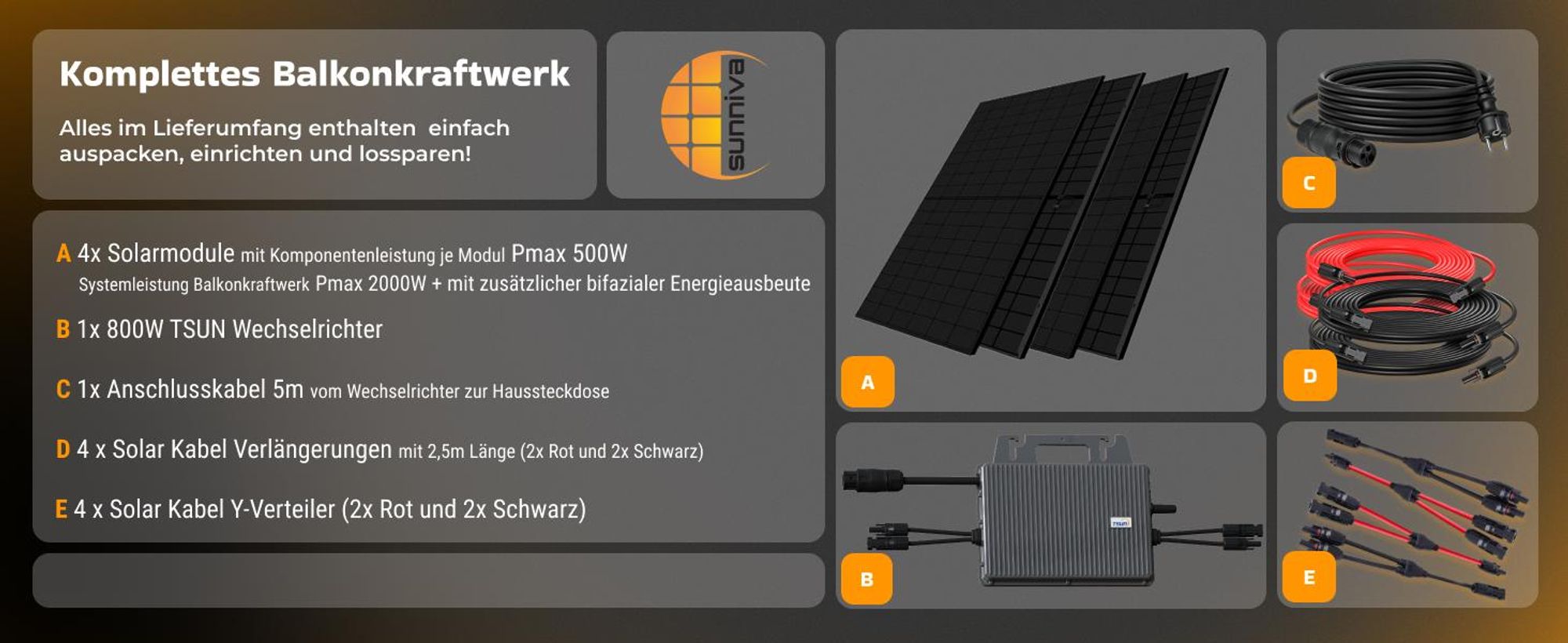 SUNNIVA® 2000W Balkonkraftwerk BIFAZIAL FULLBLACK komplett Steckdose TSUN 800W Wechselrichter, PV Solaranlage, 5m Kabel, Bluetooth WIFI