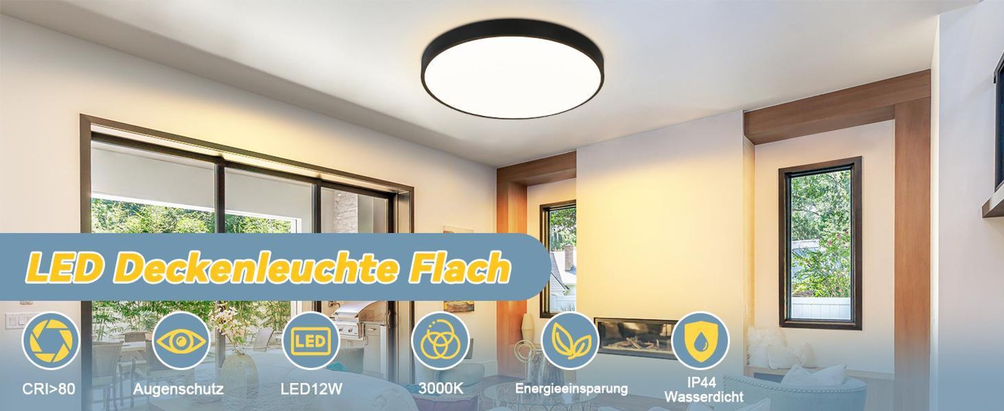 ZMH LED Deckenleuchte Schwarz Deckenlampe 17W Warmweiß Küchenlampe Flach IP44 Rund Modern Flurlampe für Wohnzimmer