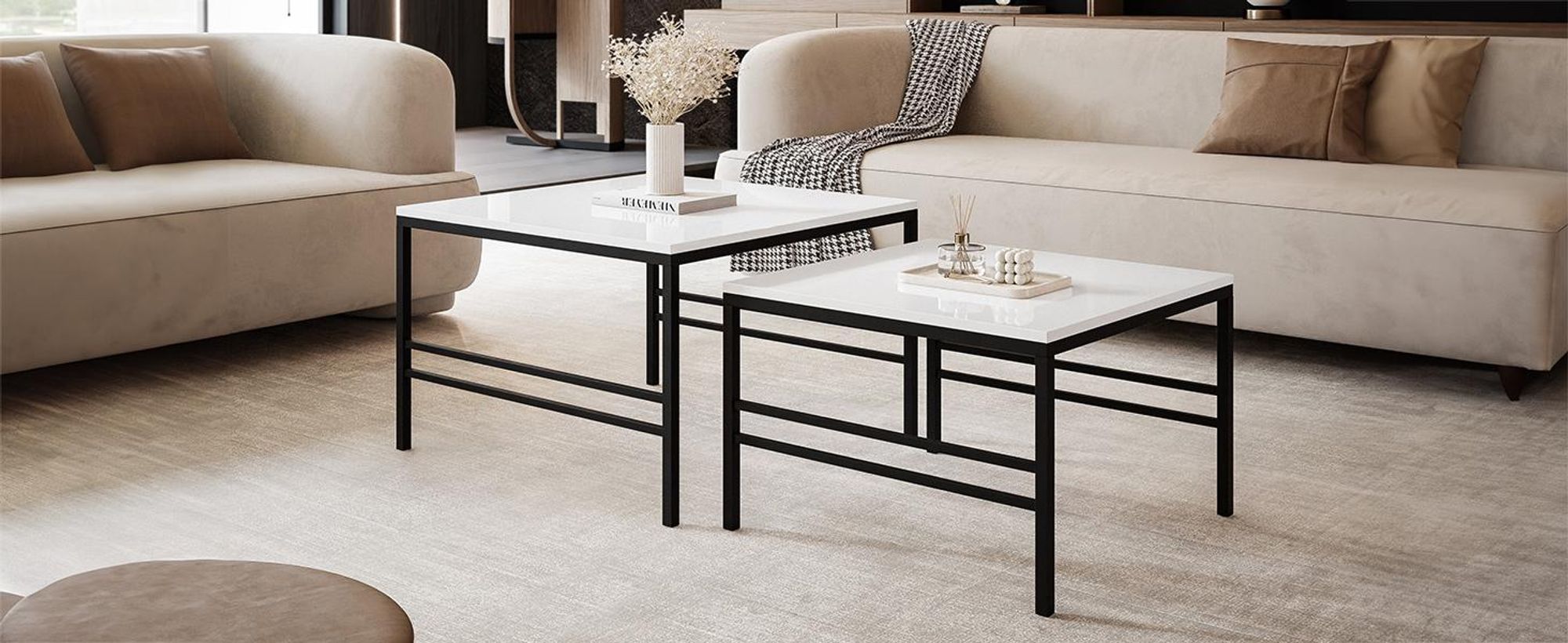 Idohome - Moderner Couchtisch FORMA 2in1 70/60  für das Wohnzimmer 2er mit Metalgestell Kaffeetisch Wohnzimmertisch Sofatisch Schwarz / Weiß Hochglanz