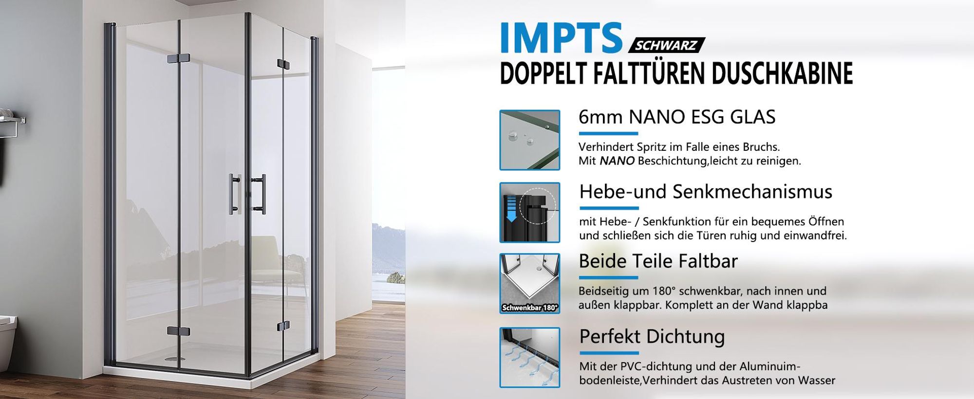 IMPTS Duschkabine Eckeinstieg 90x90cm Mattschwarz Dusche 180º Falttür Duschabtrennung Duschwand 6mm ESG Glas Eckdushe Höhe 195cm,OHNE Duschtasse
