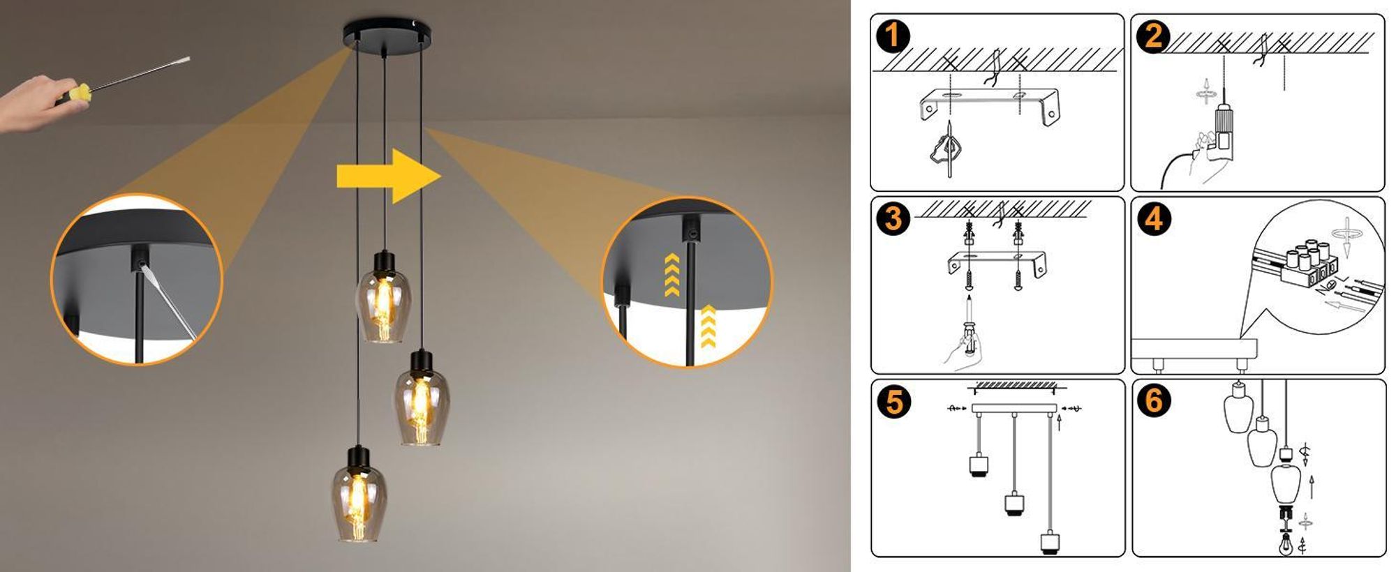 ZMH Hängelampe Schwarz Pendelleuchte 3 Flammig - Vintage Hängeleuchte Esstisch E27 Küchenlampe Hängend Industrial Rauchglas für Esszimmer Schlafzimmer Wohnzimmer Ohne Lichtquelle