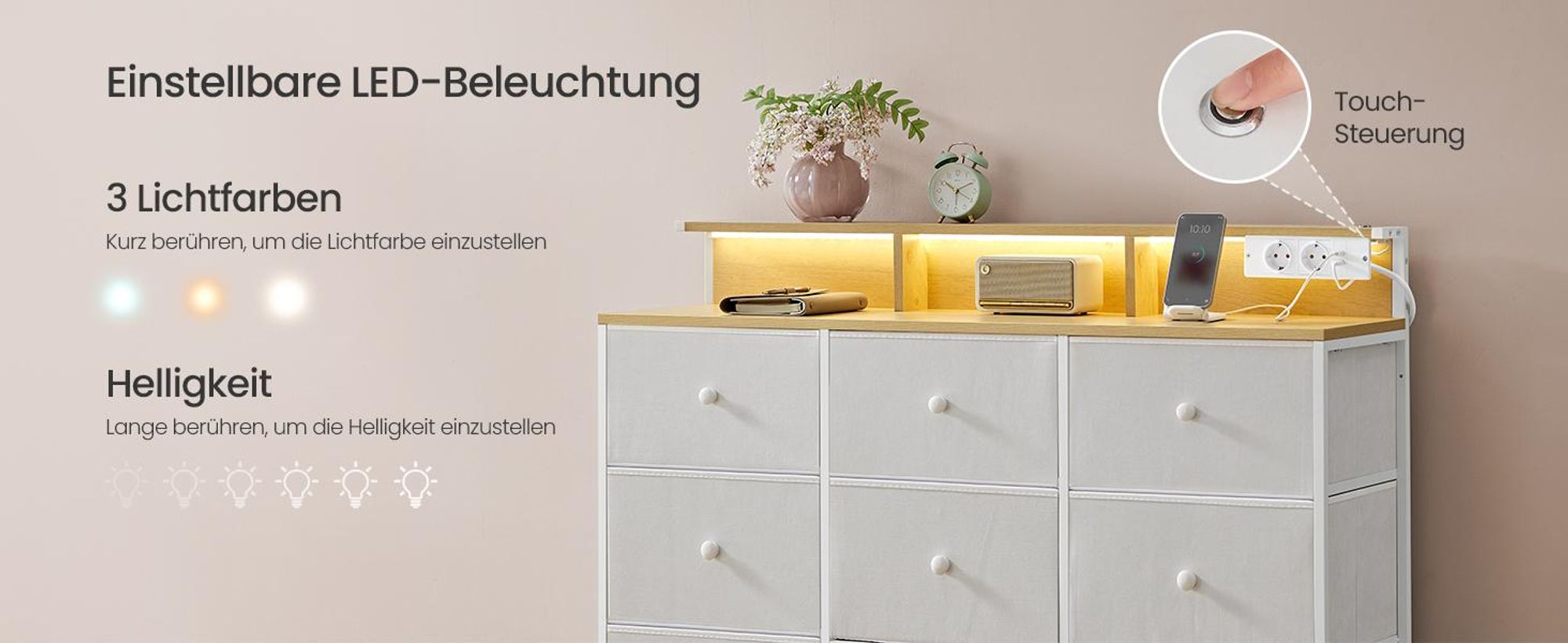 SONGMICS Kommode, Aufbewahrungsschrank mit 9 Schubladen und LED-Beleuchtung