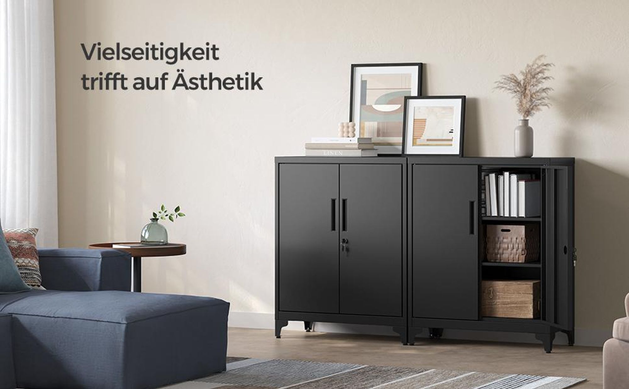 SONGMICS Aktenschrank, Mehrzweckschrank, Büroschrank mit 2 Türen, Schrank abschließbar, aus Stahl Schwarz