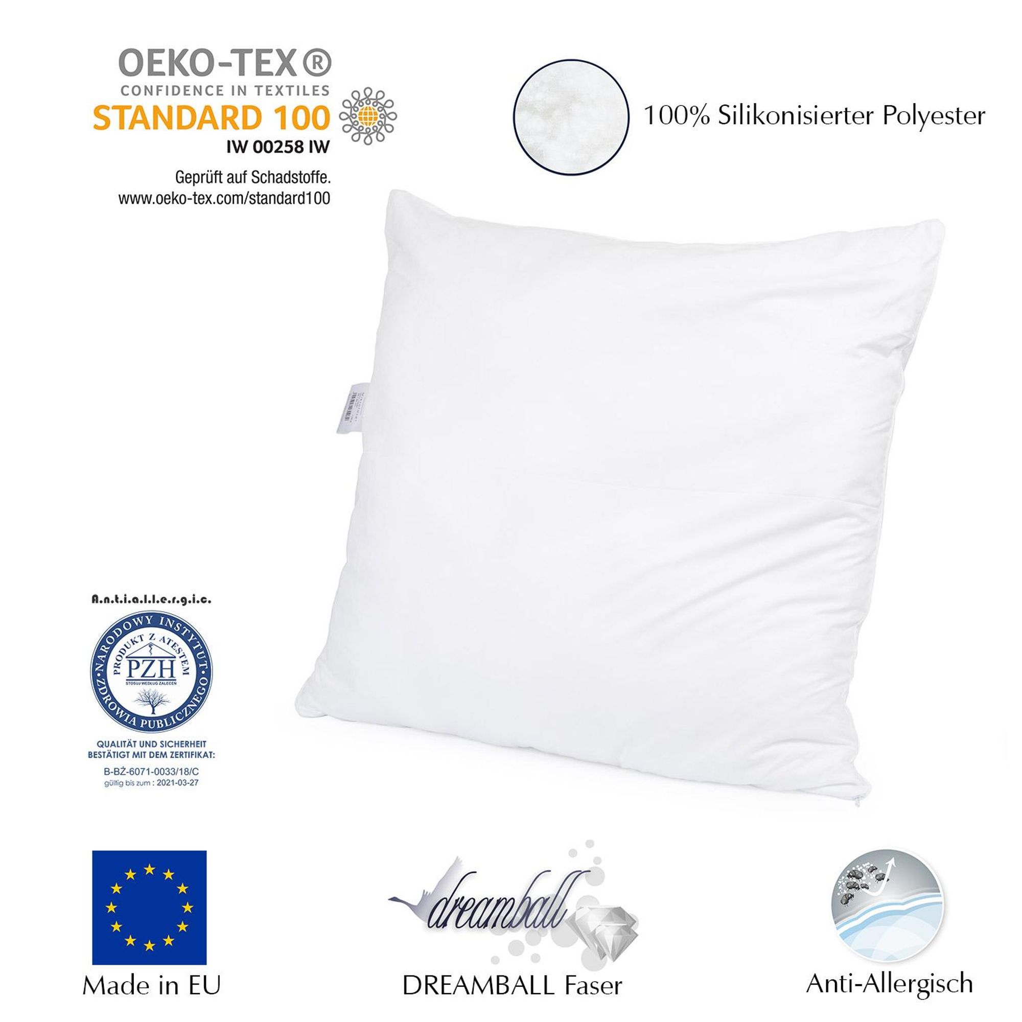 1-er Set Kopfkissen 80x80 cm 1100g – Mikrofaser Kissen – Polyester Füllung – Allergiker geeignet – Waschbar 95°C – Schlafkissen extra weich