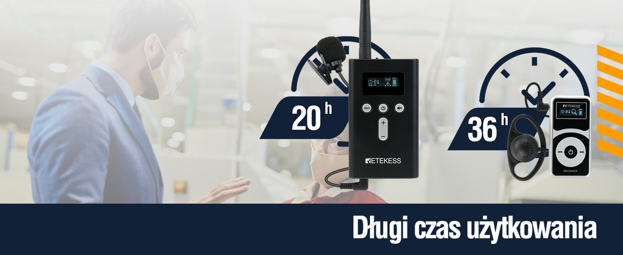 Retekess T130P Systemy dla przewodników, Ulepszona redukcja szumów, 160m,Długi czas czuwania 30H, System tłumaczeń audio dla turystyki 15 odbiorników