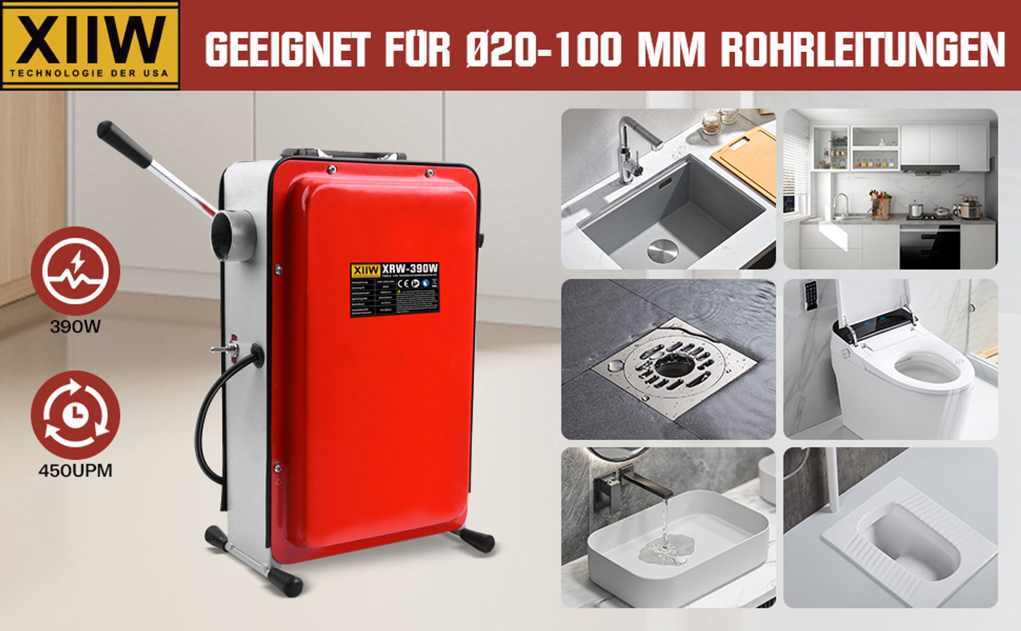 16mm 33M Spiralen Elektrische Rohrreinigungsmaschine 390W 450U/min für Ø20-100mm Spirale Ø8mm 10M, Rohrreinigungsgerät Rohrreiniger Abflussreiniger