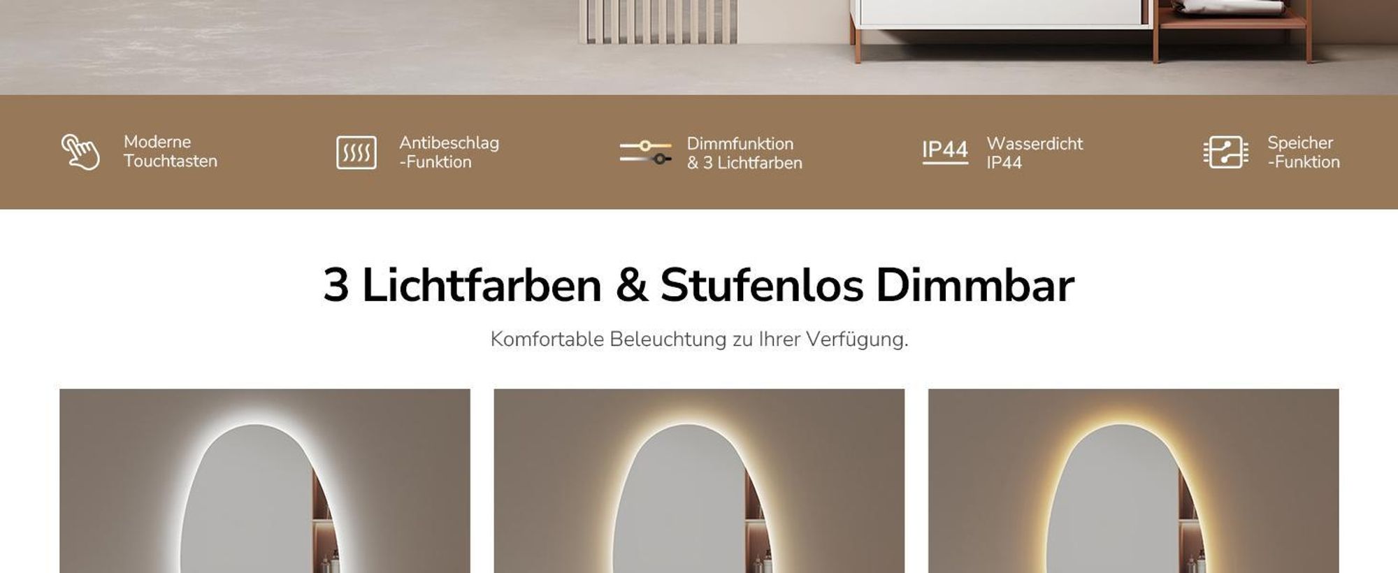 EMKE LED-Badspiegel mit Touchschalter, Rahmenloser Spiegel mit Beleuchtung, Asymmetrisch, Anti-Beschlag, 3 dimmbare Lichtfarben, 65 x 45 cm