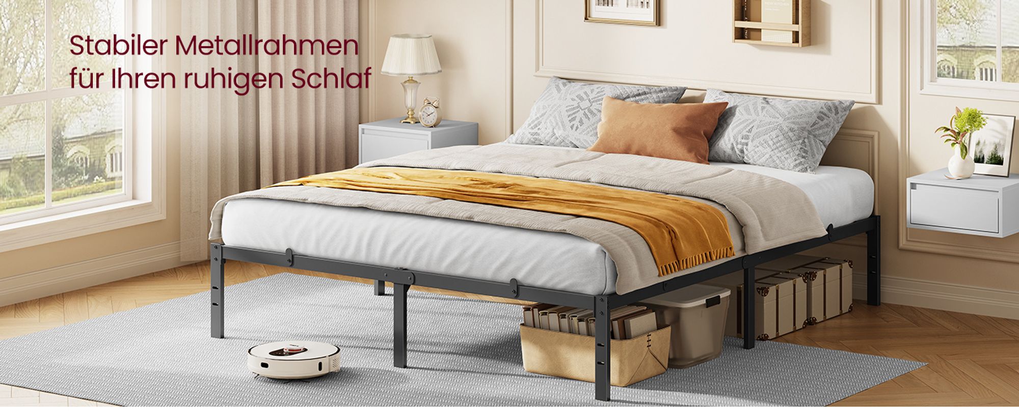 VASAGLE Doppelbettgestell, Bett, 140 x 200 cm, Metallbett, Bettrahmen, Unterbettaufbewahrung, modern, Gästebett