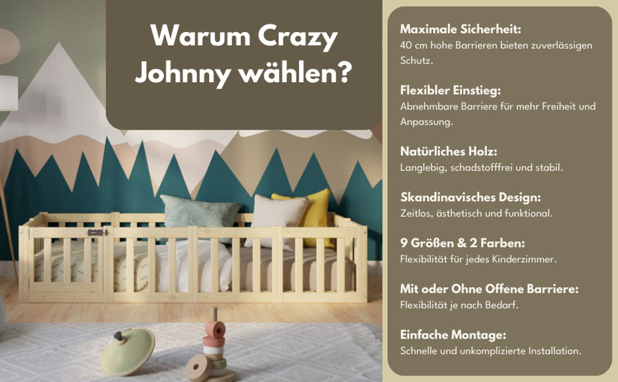 Crazy Pine Kinderbett 90x190 cm – Natürlichem Holz - Montessori Bodenbett mit Rausfallschutz 40cm und Öffnbarer Barriere - Crazy Johnny