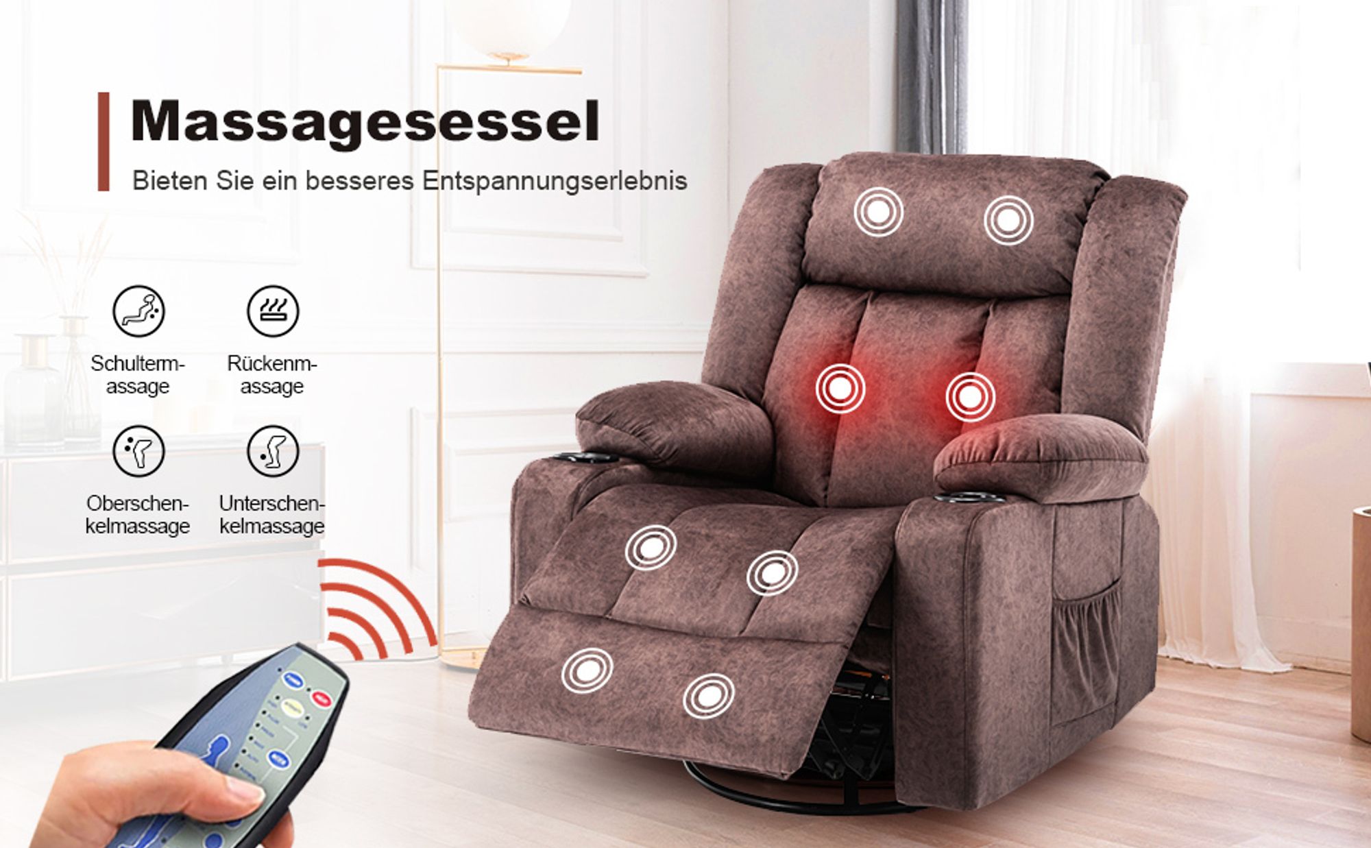 COMHOMA Relaxsessel aus Stoff mit Liegefunktion, Recliner Chair mit Wippfunktion, TV-Sessel belastbar bis 150 kg, 360° drehbar, braun