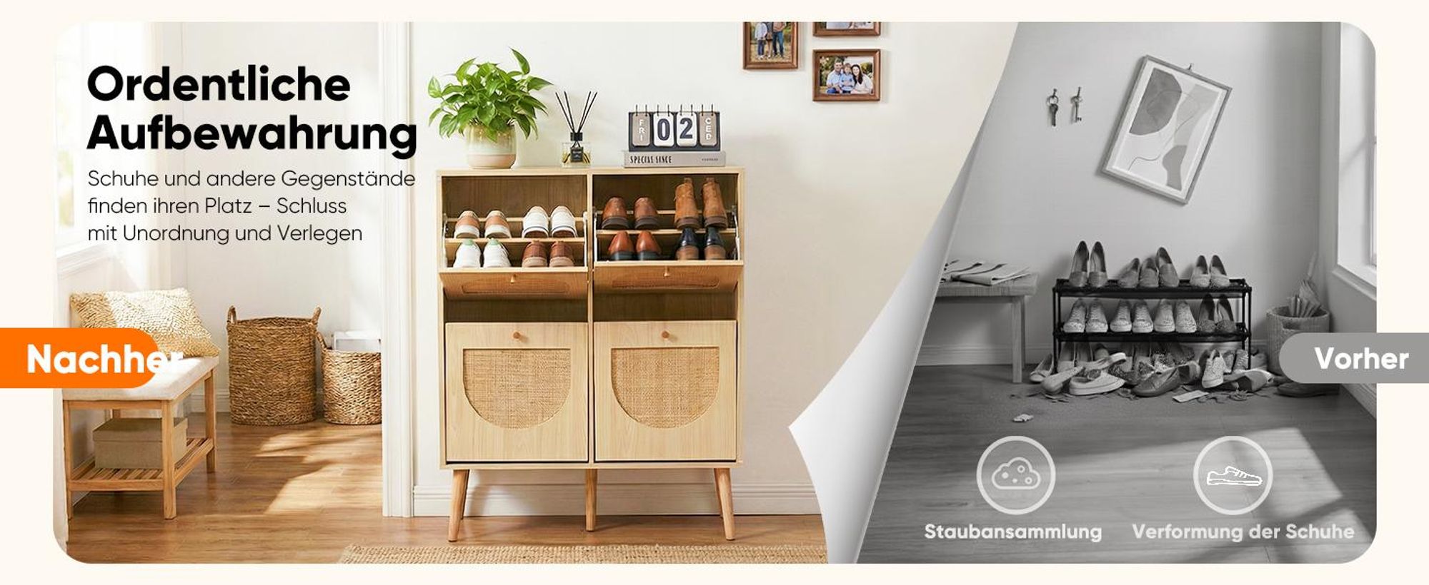 HOKEEPER Schuhschrank Schmal, Schuhregal mit 4 Klappen, Schuhkipper mit Verstellbar, Schuhaufbewahrung Holz, Schuhablage Schuhkommode für Eingang