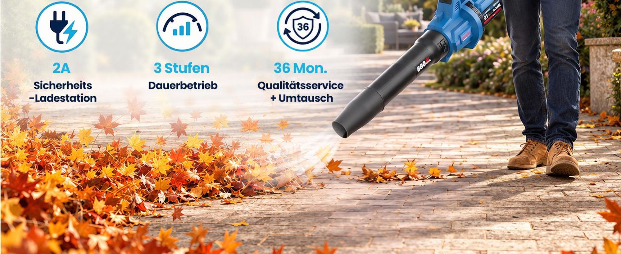 Akku Laubbläser, Akku laubsauger mit 2 x 5,2 Ah Akkus und Ladegerät, bis 290 km/h, 1200 m³/h, 3 Stufen, Schultergurt, für Garten und Terrasse