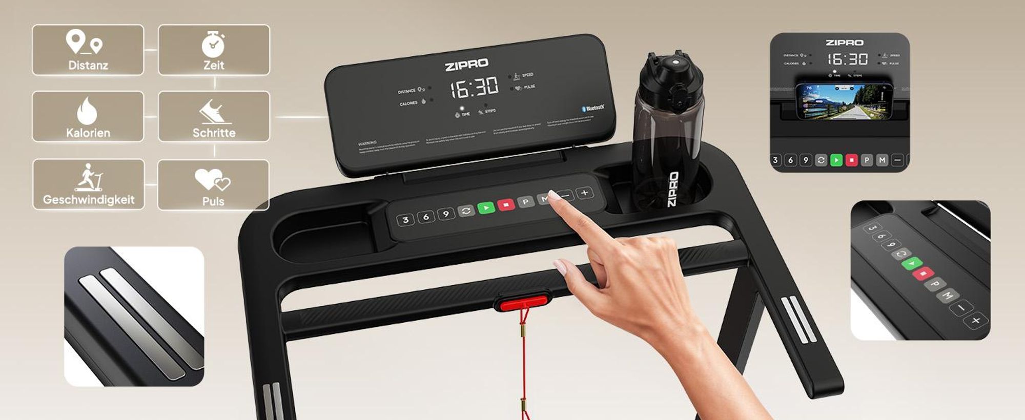 ZIPRO Forma Elektrisches Laufband klappbar – Heimtrainer bis 12 km/h – Platzsparendes FlatFold Design, Zwift & Kinomap Kompatibel, Neigungsverstellung