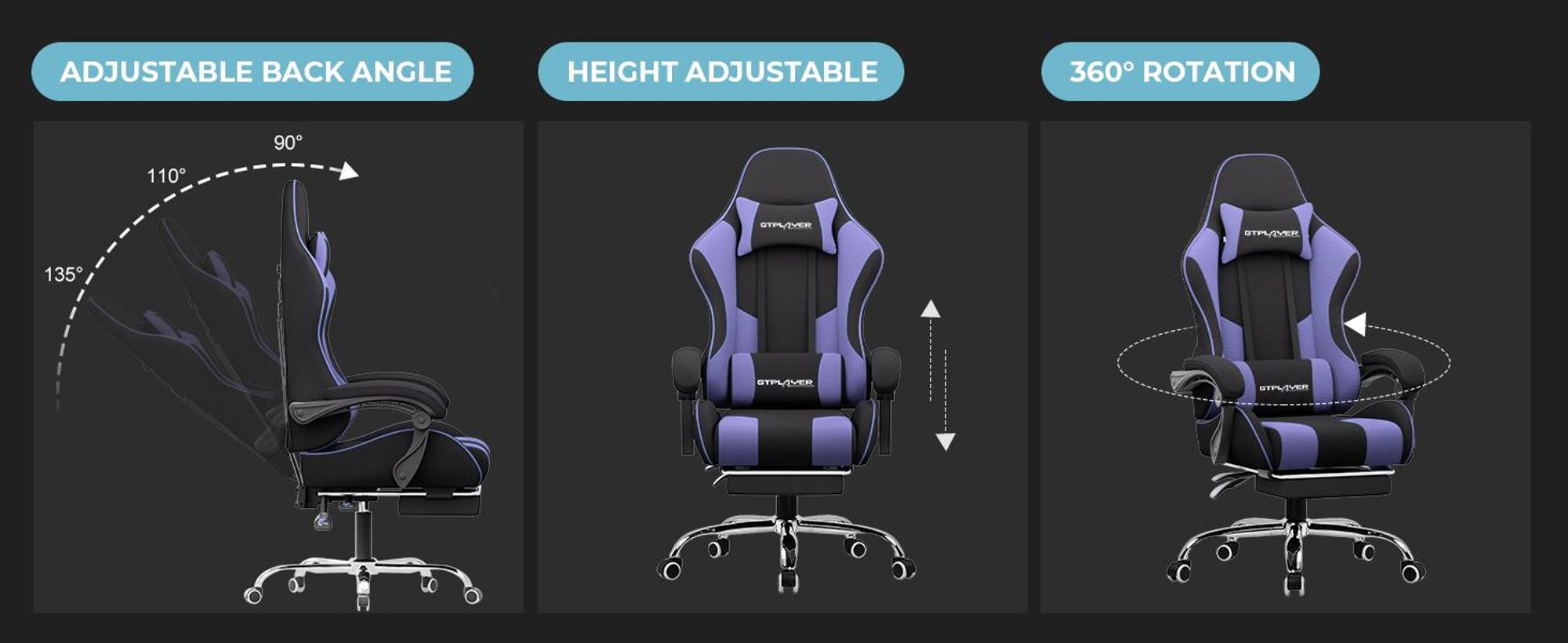 GTPLAYER Kancelářská židle Herní židle Látkové herní křeslo Ergonomická herní židle s podnožkou, bederní opěrka hlavy, čalouněná herní židle, fialová