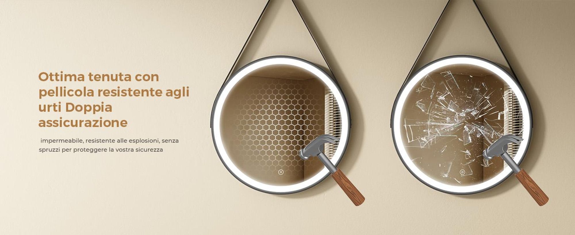 S'AFIELINA Specchio da bagno da 60 cm con illuminazione Specchio da bagno rotondo a LED con luce bianca fredda e tattile Cornice nera Cintura in pelle regolabile