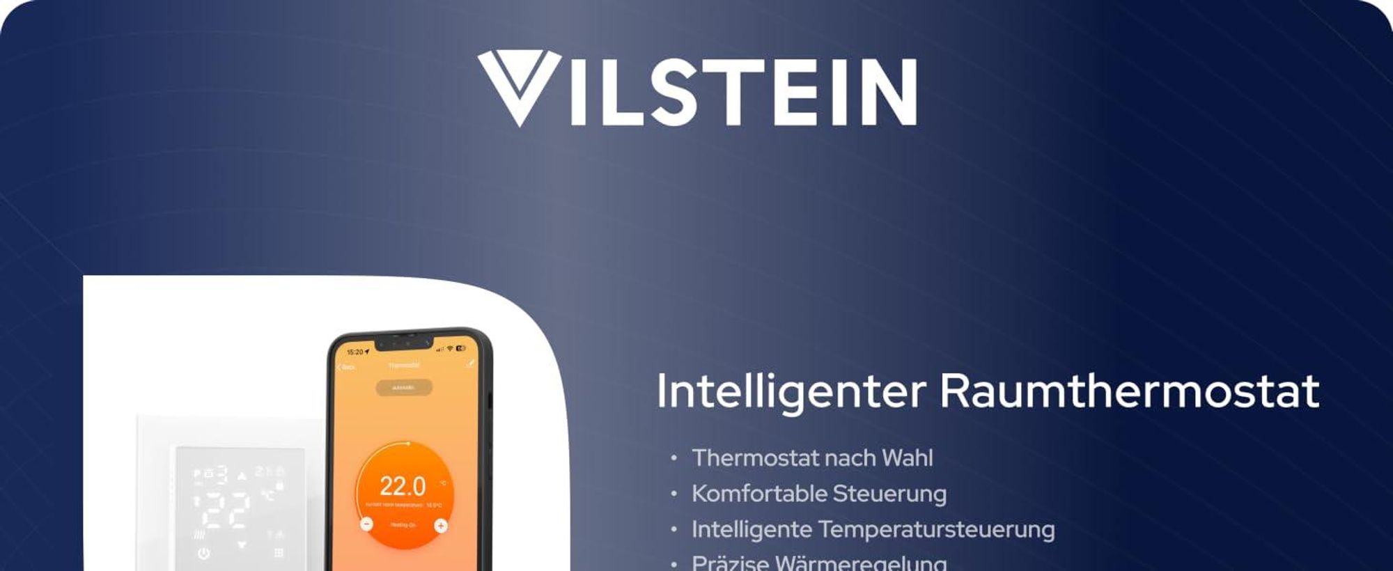 VILSTEIN Aluminium-Fußbodenheizung 150W/m² – Elektrische Heizmatte für Laminat, Parkett & Vinyl, selbstklebend, zuschneidbar, WiFi Touchscreen-Thermostat, Komplettset 15m²
