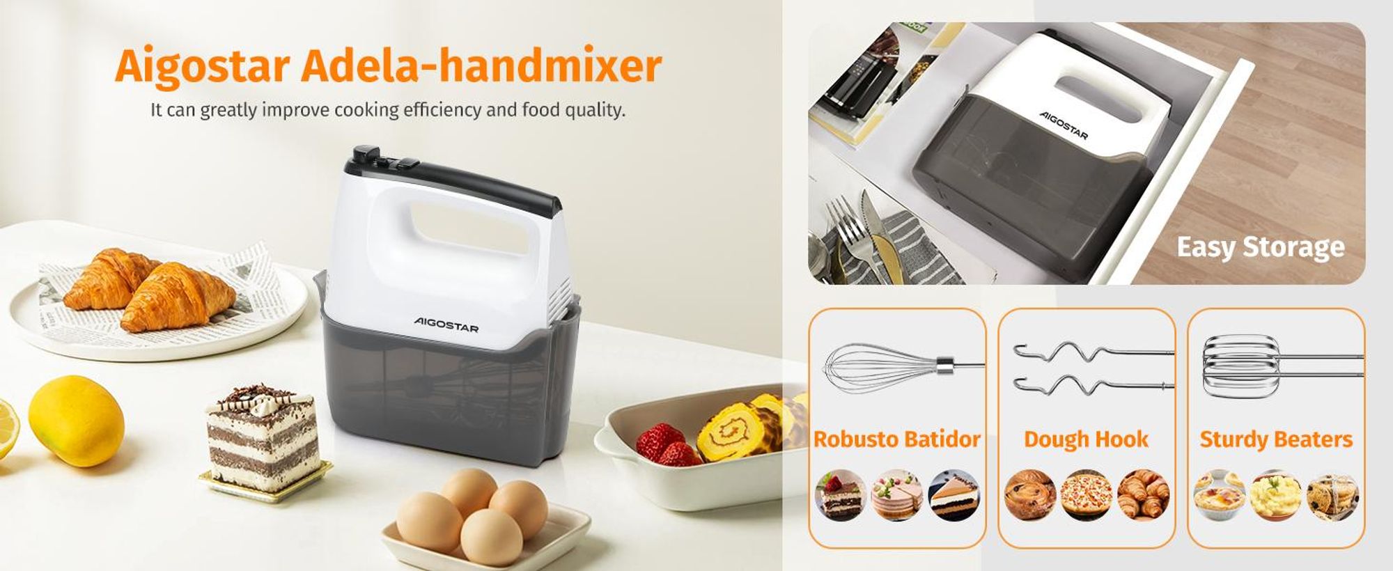 Aigostar Pudding- Handrührgerät, 6 Geschwindigkeiten Handmixer, 400W Ultra Power, Turbolader. Ausgestattet mit 2 Schneebesen, 2 Knethaken, Schneebesen und Aufbewahrungsbox, Zubehör spülmaschinenfest.