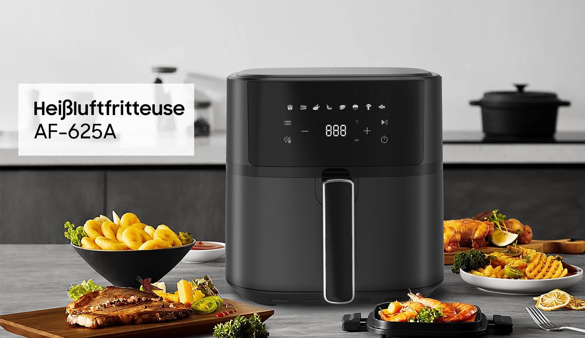 Heißluftfritteuse, 6,5 L Airfryer, Fritteuse Ohne Fett mit Metallinnenraum, 1700W Heissluftfriteuse mit 8 Kochprogramme Digitalem Display