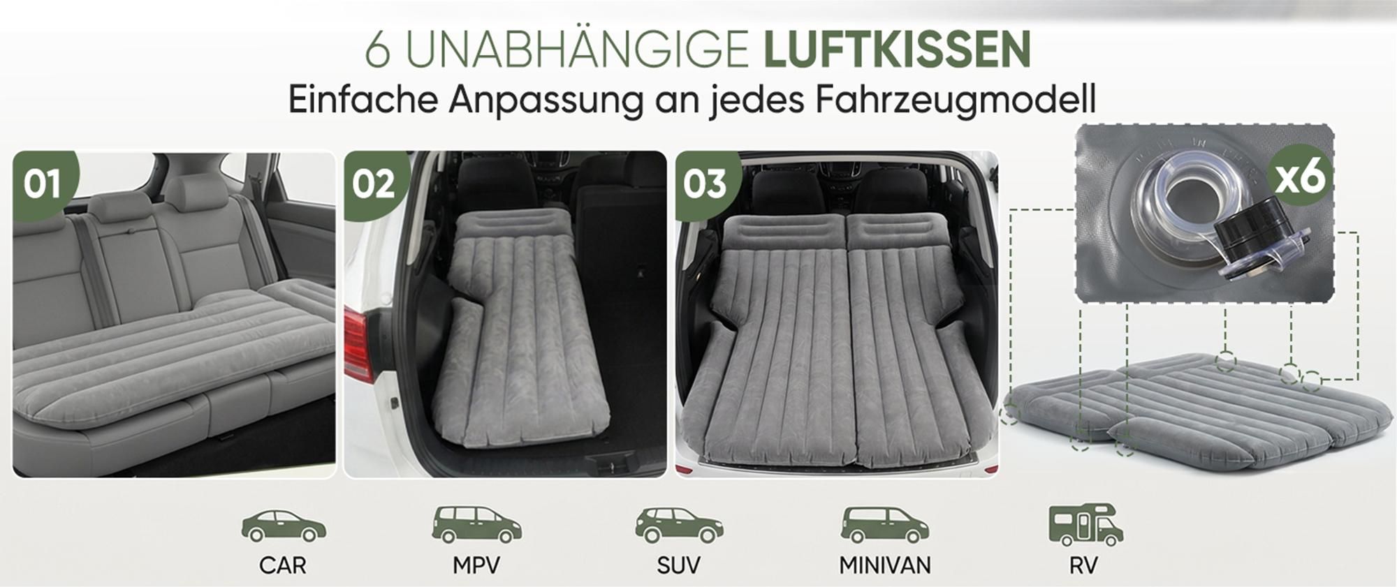 Sekey 185 x 144 x 12 cm Auto Luftmatratze Selbstaufblasend 2 Personen Luftbett Aufblasbar mit Luftpumpe, Kissen und Tragetasche, Grau