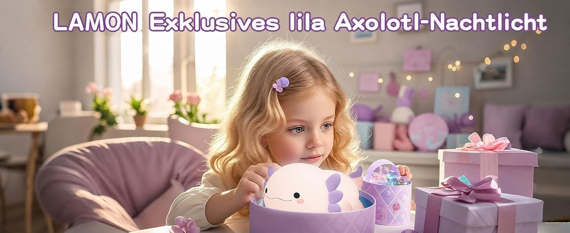 LED Axolotl Nachtlicht,Verstellbares Silikon -Nachtlicht,USB -Ladebett -Nachttischlampen,Berührungssteuerung,Geschenk mit Timer,Babyzimmerdekor,Lila