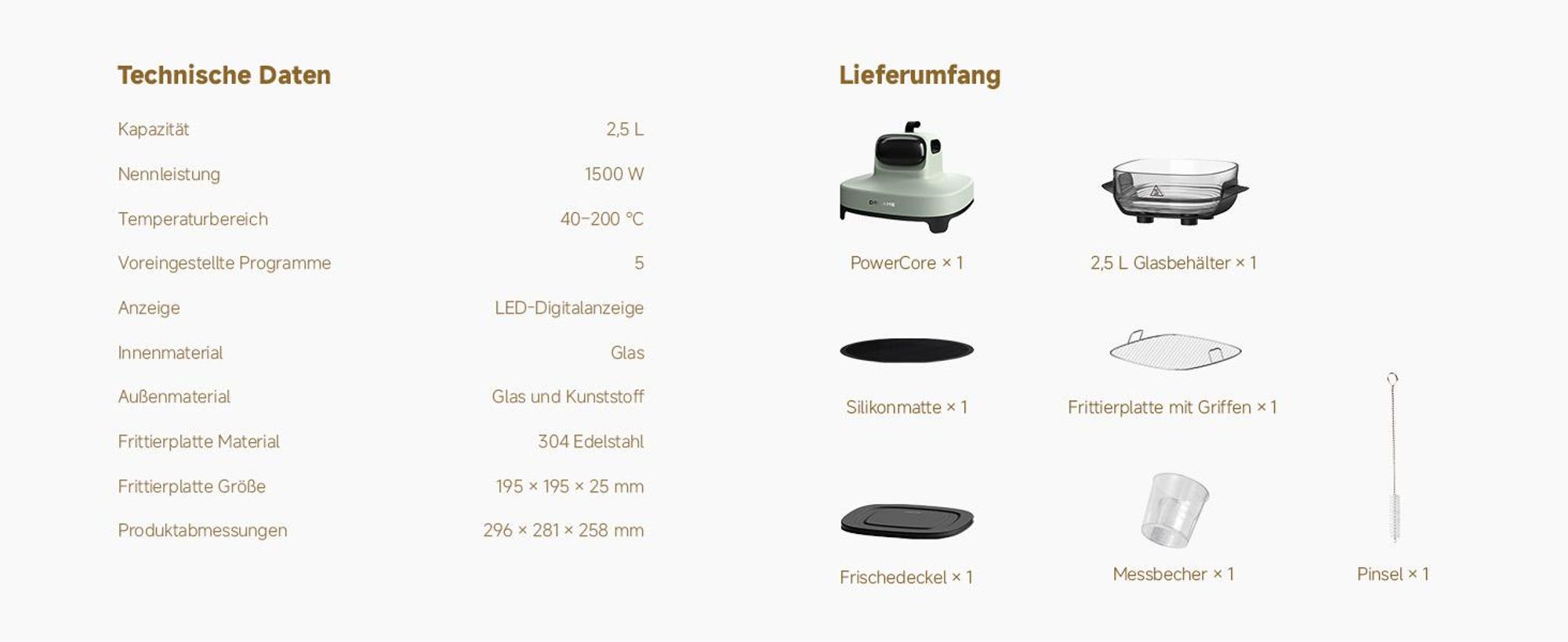 Dreame Tasti AirFryer 5-in-1 Heißluftfritteuse, 6mm starkes,tragbares Borosilikatglas,3D-Heißluftzirkulation,spülmaschinenfest,360° Sicht,2.5l ,Grün