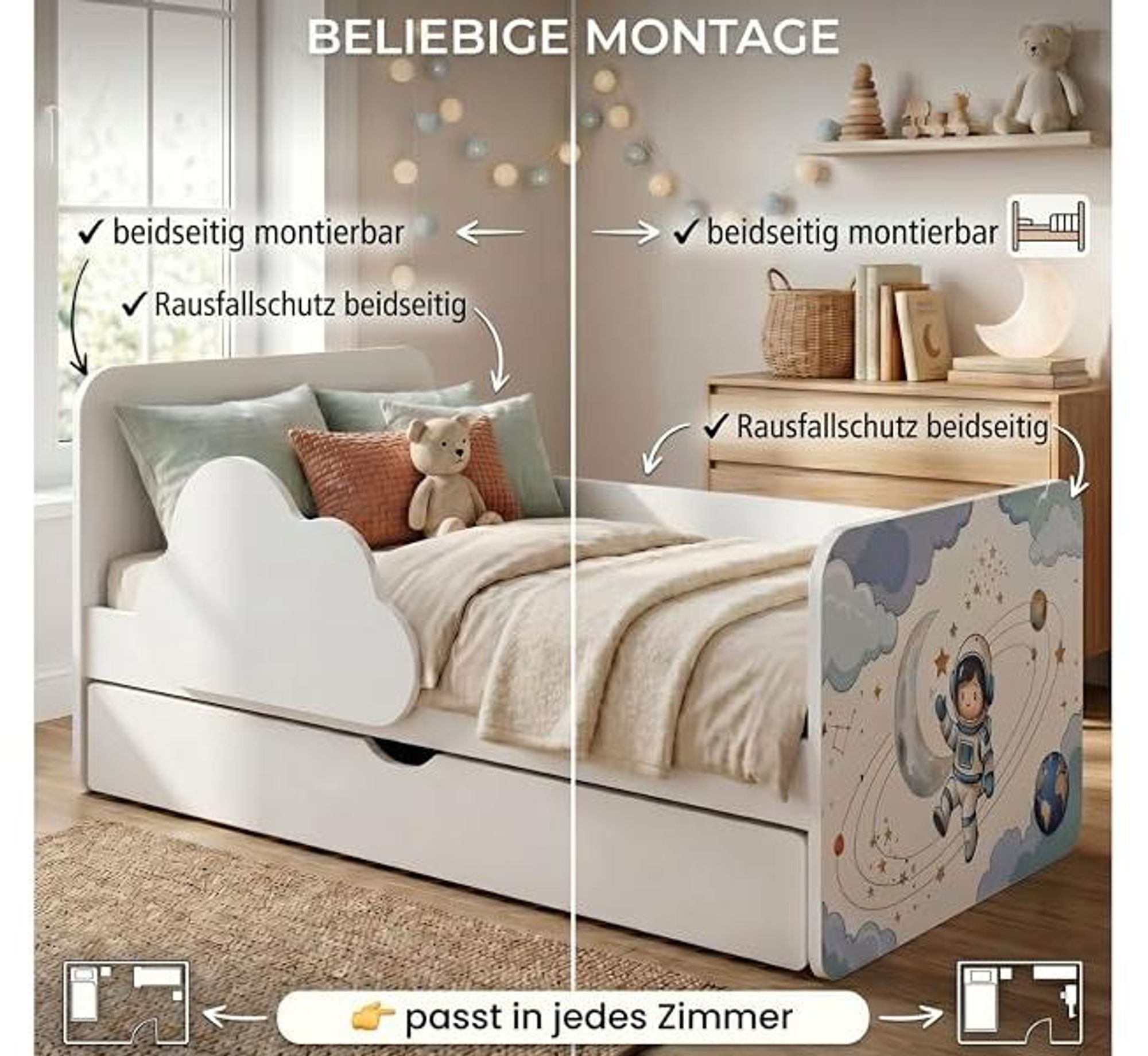 Weißes Juniorbett 160x80 cm Motiv Wolke | Inkl. Bettkasten & Schaumstoffmatratze | Mädchen & Jungen