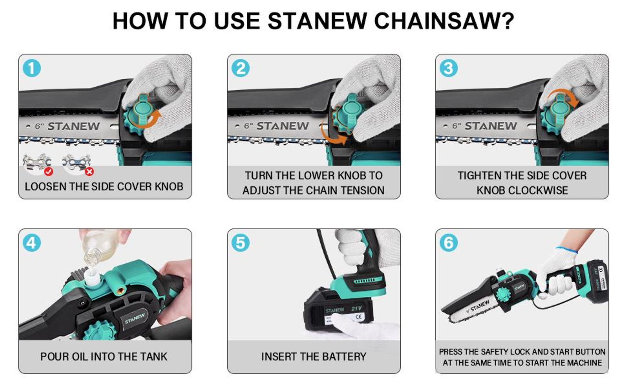 STANEW Mini Kettensäge mit 2 Akku 4000mAH & Ladegerät, 6 Zoll & 8 Zoll, 600 W bürstenloser Motor, für Gartenarbeit, Baumschnitt, Holz