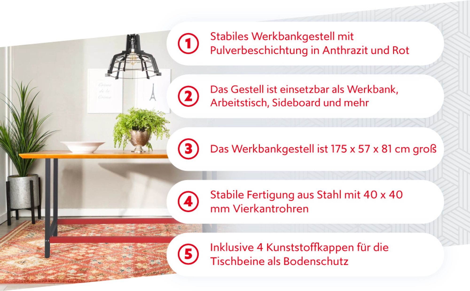 Wiltec Werkbank Gestell 175 x 57 x 81 cm aus Stahl, Werkbankgestell in Anthrazit Rot, Tischgestell max. 200 kg als Werkbank, Arbeitstisch & Sideboard