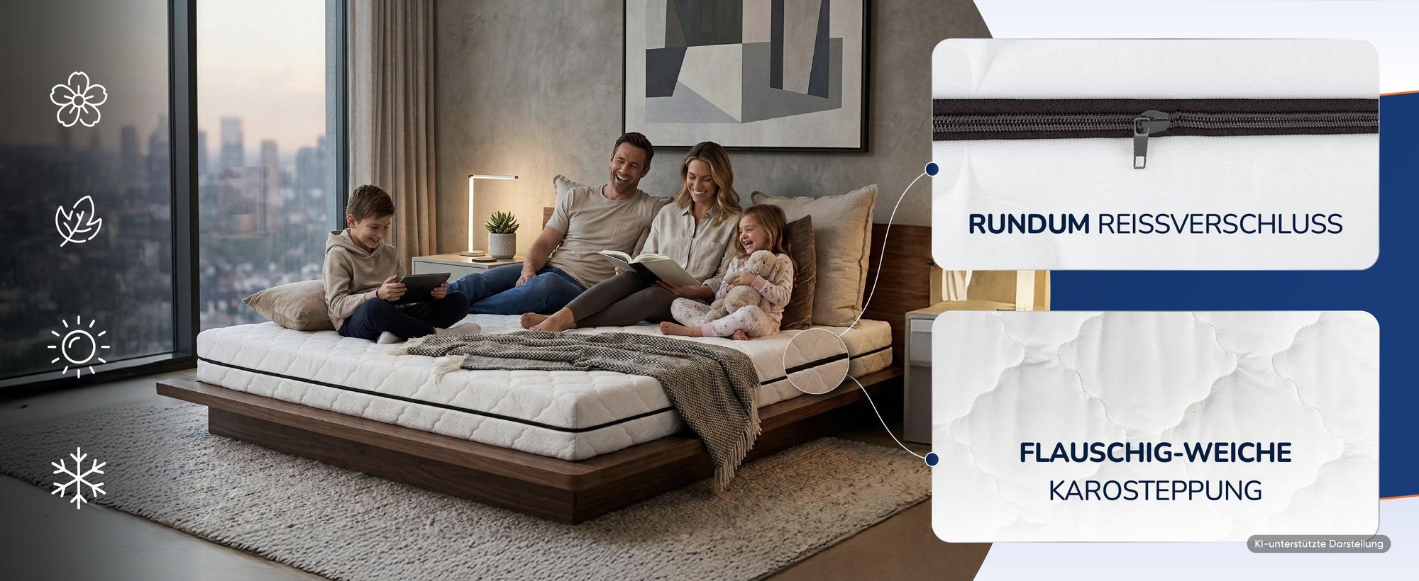 Familie auf dem Bett, daneben Ausschnitte von Reissverschluss und Karosteppung
