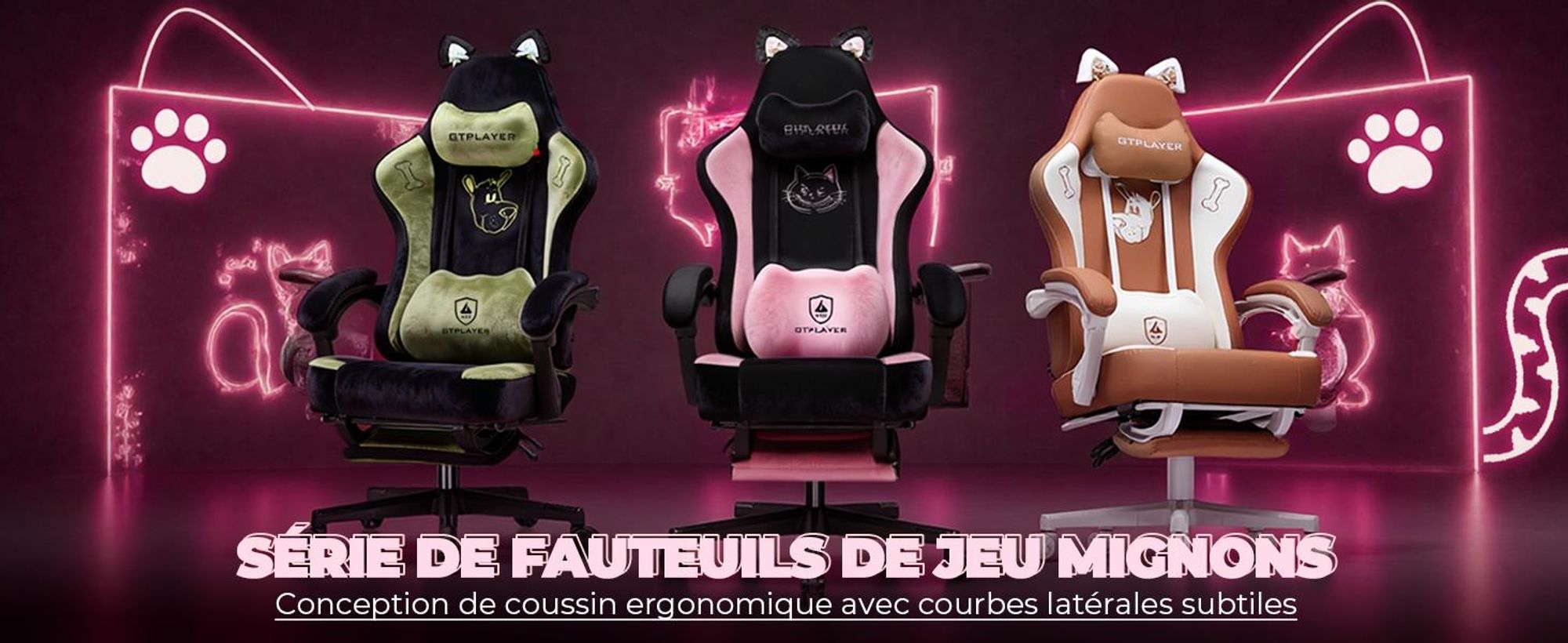 GTPLAYER Chaise gamer mignonne avec tissu velours, Gaming Chair, chaise de bureau ergonomique Gamer Chair avec oreilles de chat, mousse à mémoire de forme et repose-pieds, 150kg