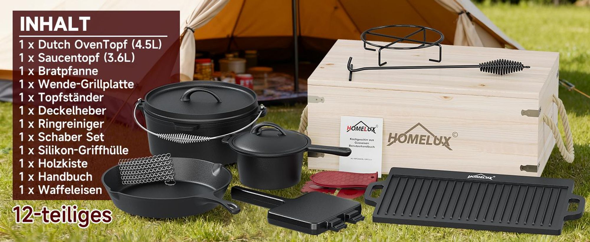 HOMELUX 12-teiliges Dutch Oven Set in Holzkiste, Kochtopf, Pfanne, Saucentopf, Wende-Grillplatte, Waffeleisen, Stapelrost, Ringreiniger, Schaber Set