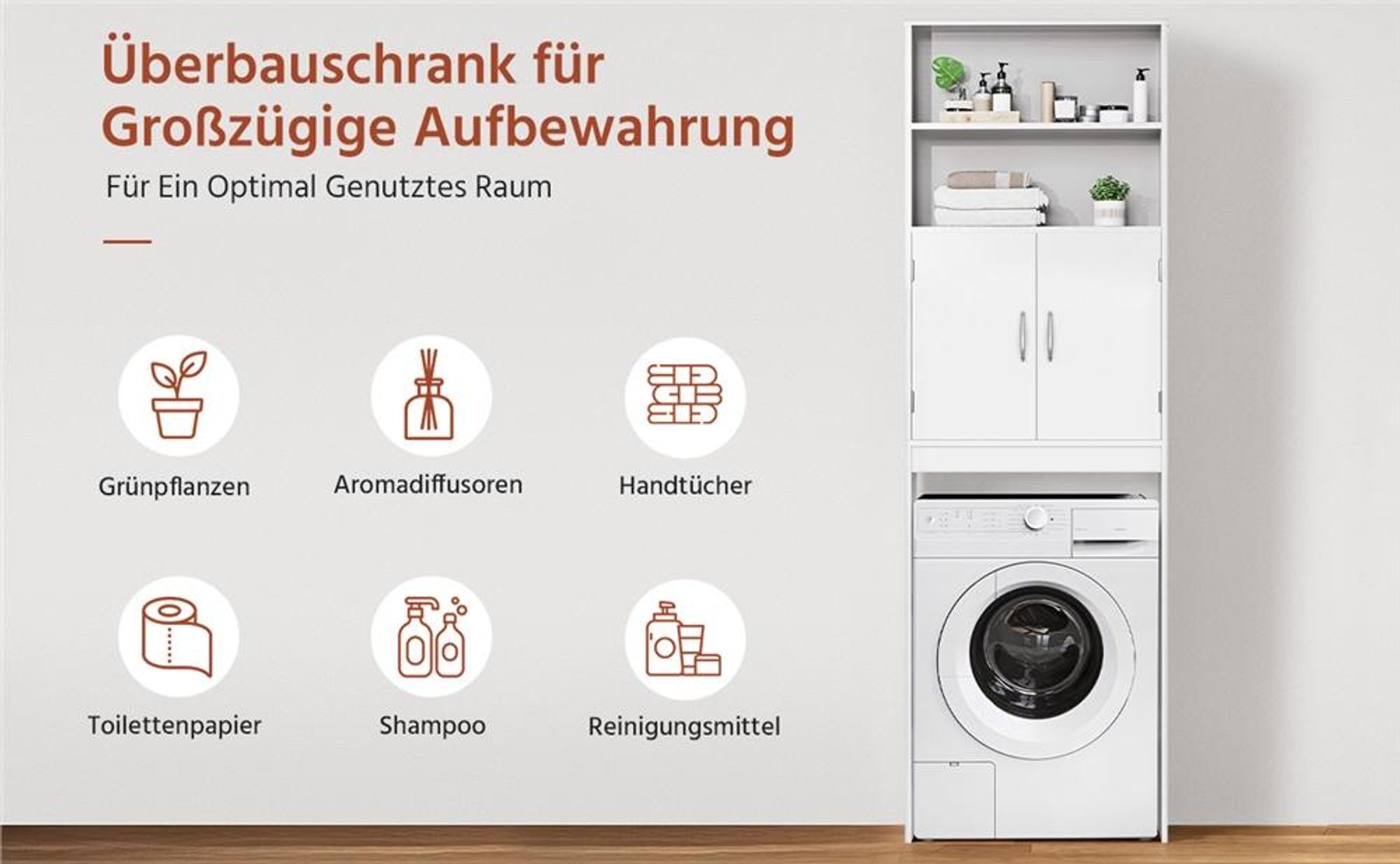 Yaheetech Waschmaschinenschrank Toilettenschrank 195 cm H, Überbau Badezimmerschrank über WC und Waschmaschine, Weiß