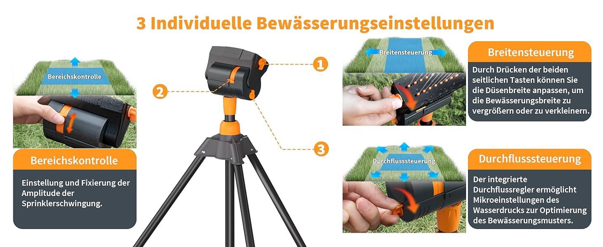 Diivoo Oszillierender Rasensprenger Gartensprenger mit Dreibeinstativ Viereckregner Wassersprinkler 16 Düsen