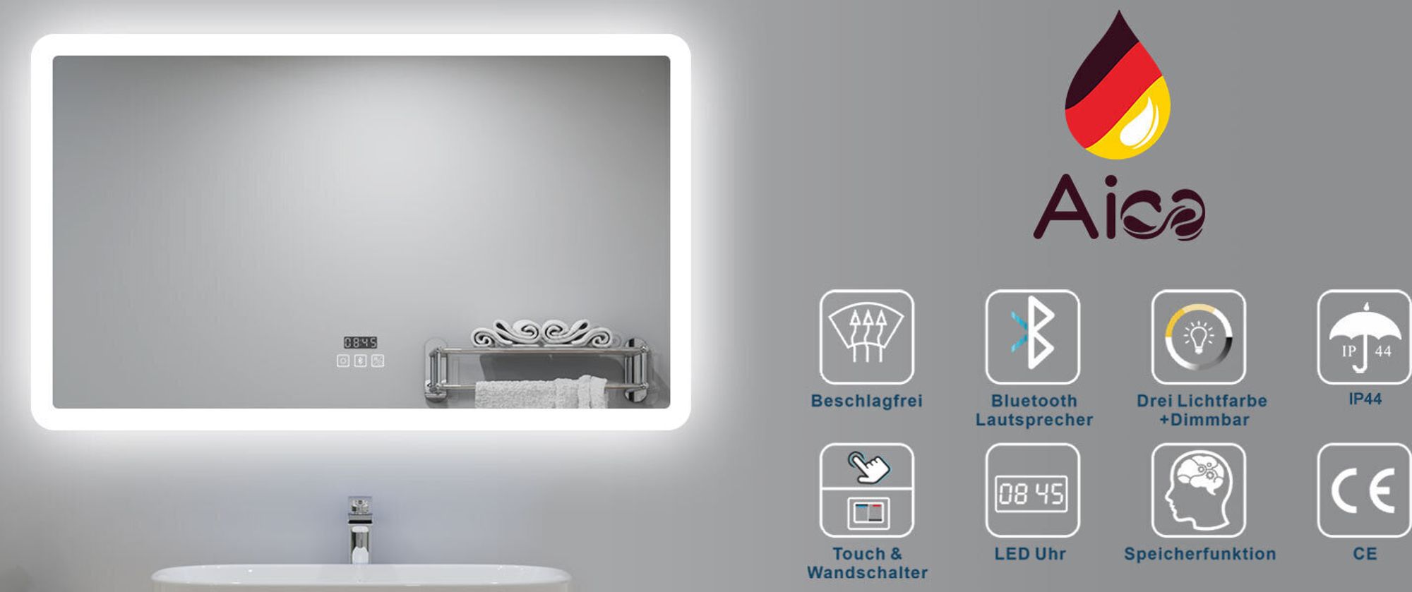 AICA LED Wandspiegel 120x70cm mit Bluetooth Uhr und Beschlagfrei Badspiegel 3 Lichtfarbe 3000K/4500K/6000K Dimmbar IP44