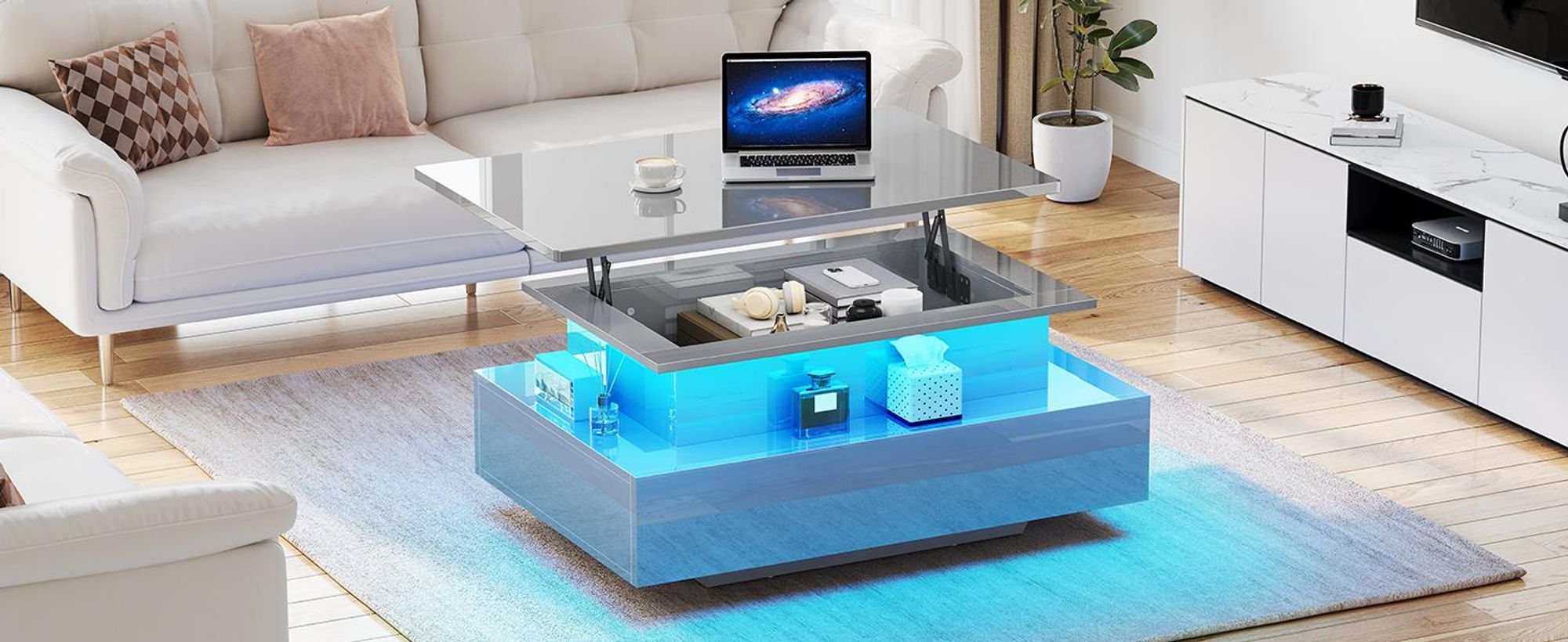 Couchtisch Wohnzimmertisch Höhenverstellbar, 85 x 41 x 55 cm, Hochglanz Sofatisch mit LED-Beleuchtung und 2 Schubladen, Grau