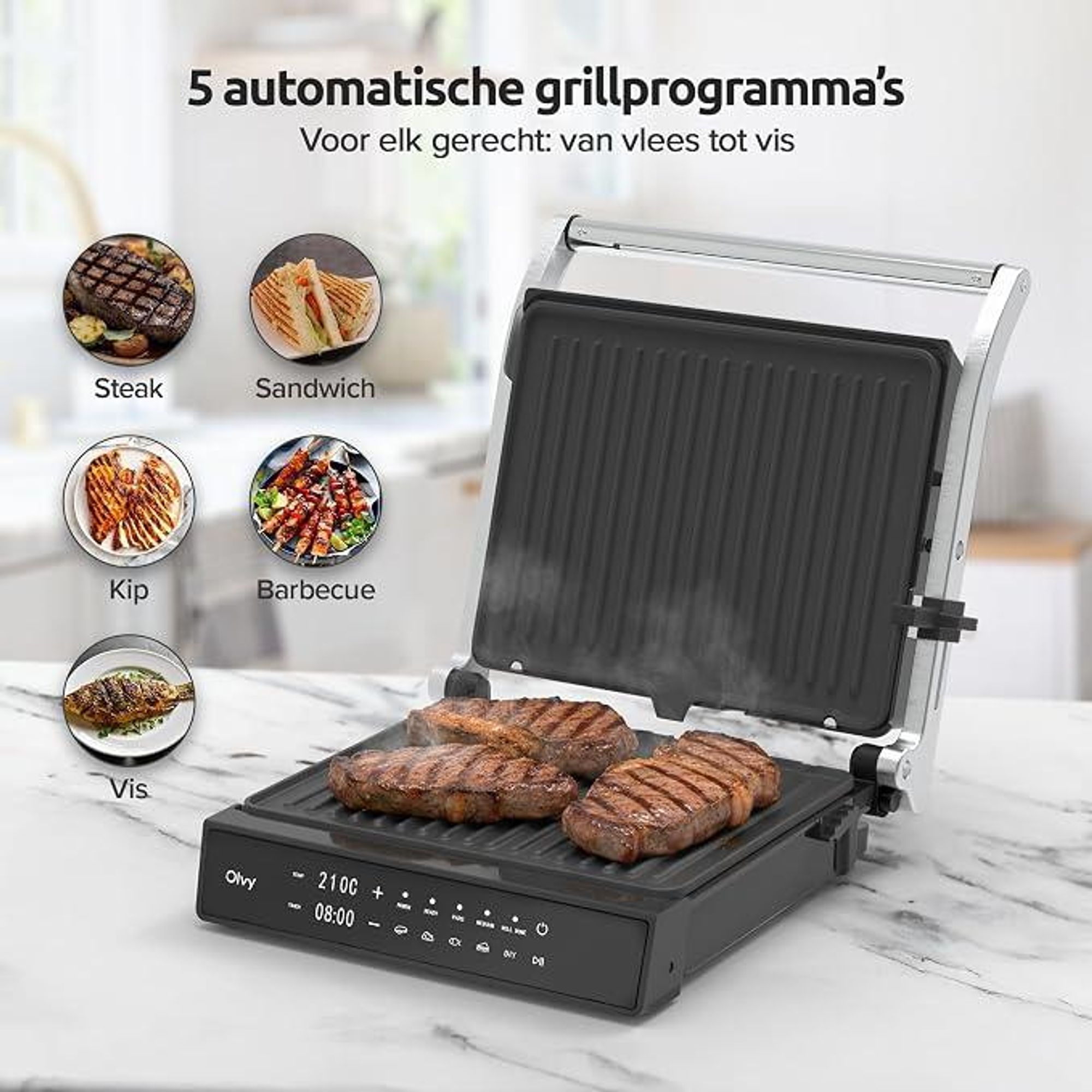 Olvy Contactgrill, 2000W, Elektrische grill, Sandwichmaker, 5 programma's, Paninigrill, Grilltoaster voor binnen, PFAS-vrije platen, Tafelgrill