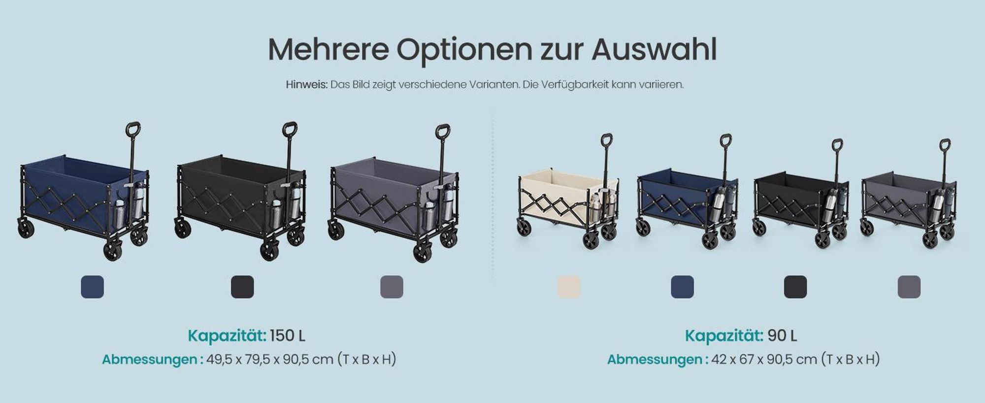 Faltbarer Bollerwagen, Transportwagen mit Griff, 4 verstärkte Rollen, 90 L, Outdoor, bis 180 kg, Garten, dunkelblau