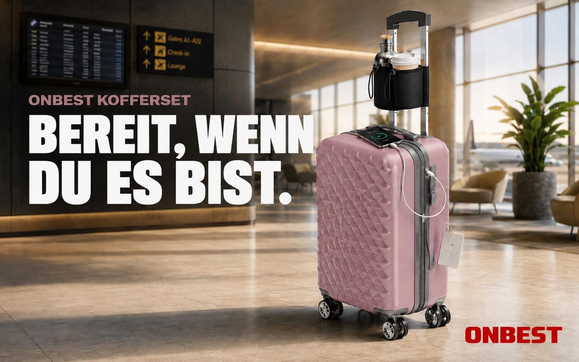 ONBEST Hartschalen Koffer Set | 4-teilig | Rose Gold | mit TSA-Schloss | USB-Anschluss | viel Zubehör | 360° Doppelrollen