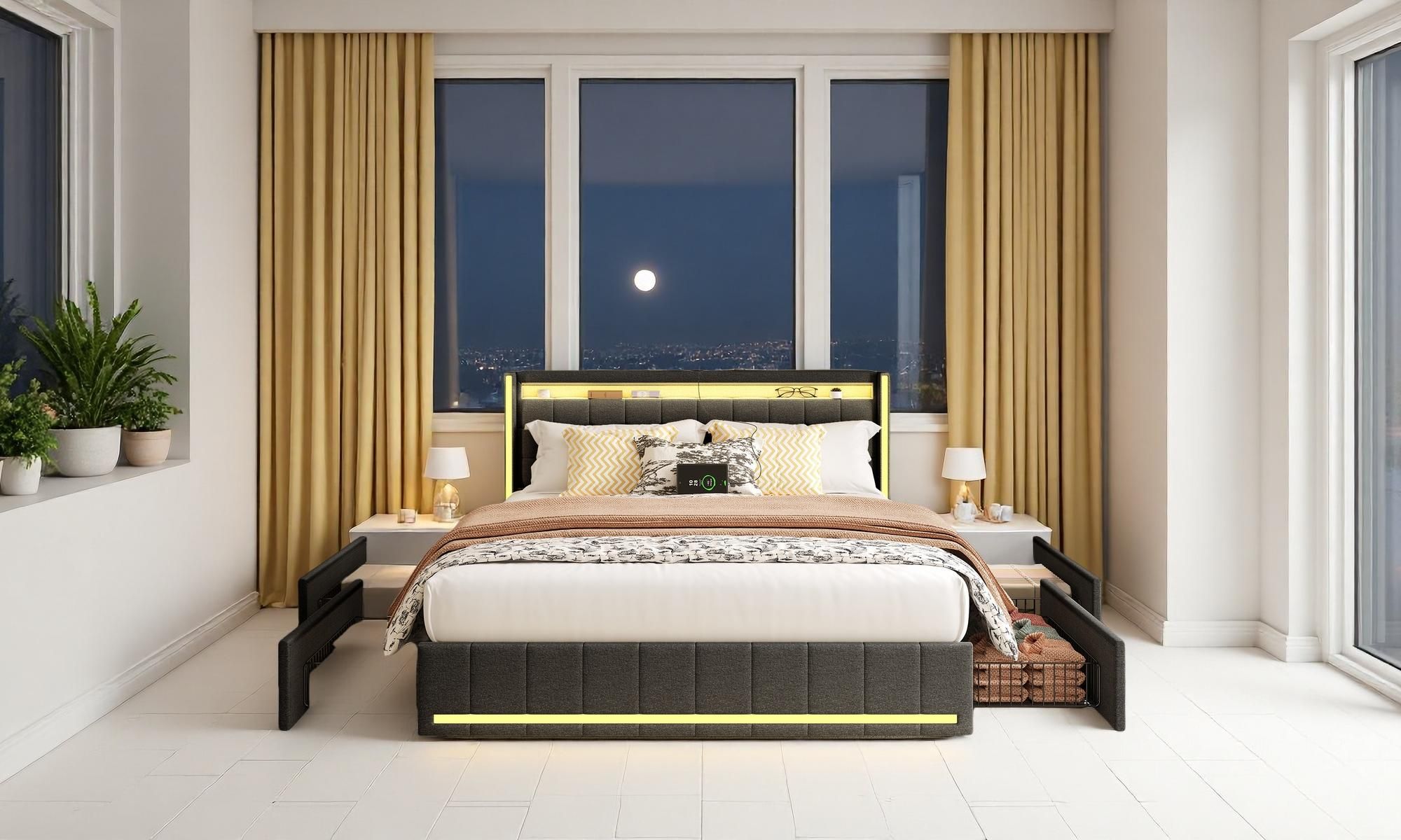Fortuna Lai Polsterbett LED, mit Aufladen USB Ladefunktion Kopfteil und 4 Schubladen,Doppelbett 140x200cm Stauraumbetten Bettgestell, Lattenrost aus Holz, Dunkelgrau