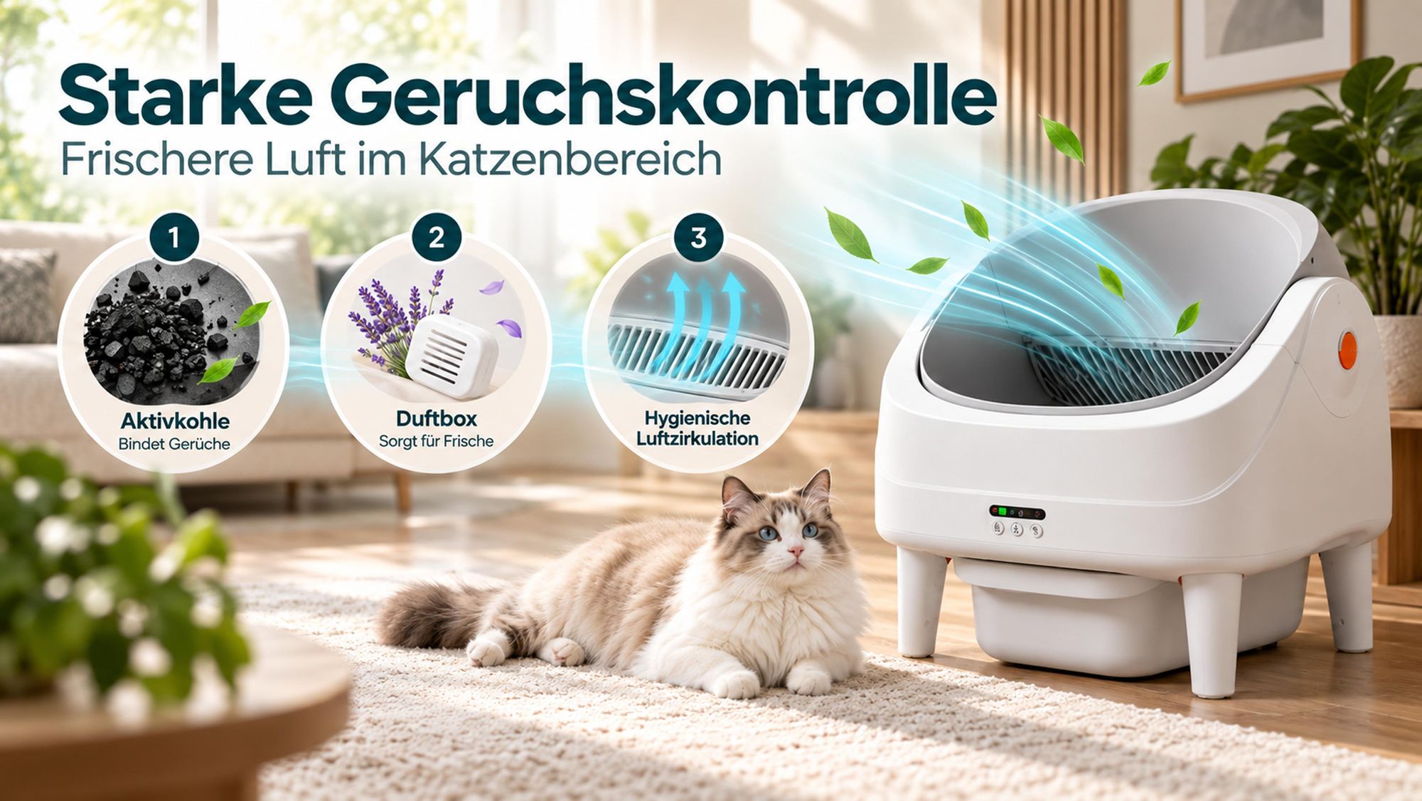 70L Selbstreinigende Katzentoilette, App & 8 Sensoren, Geruchskontrolle, leise, offen, für Mehrkatzen, 1,5-20kg, 14L Abfallbehälter