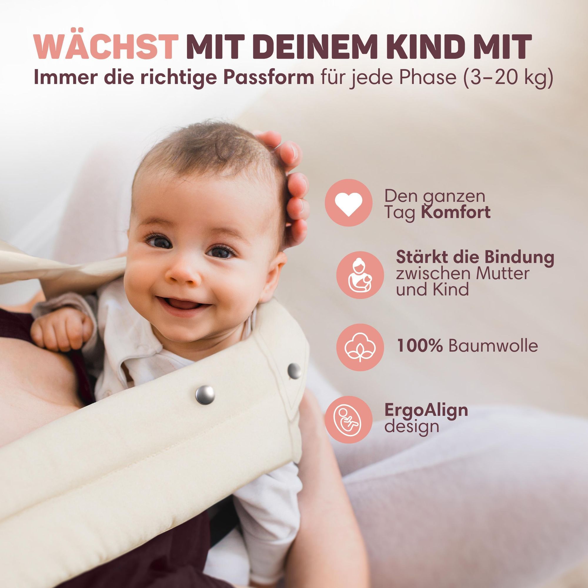 Vulpes Goods Babytrage, Luxus-Bauchtrage bis 20 kg,  Baumwolle, Freihändiger Komfort, Mit Rückenstütze & M-Position