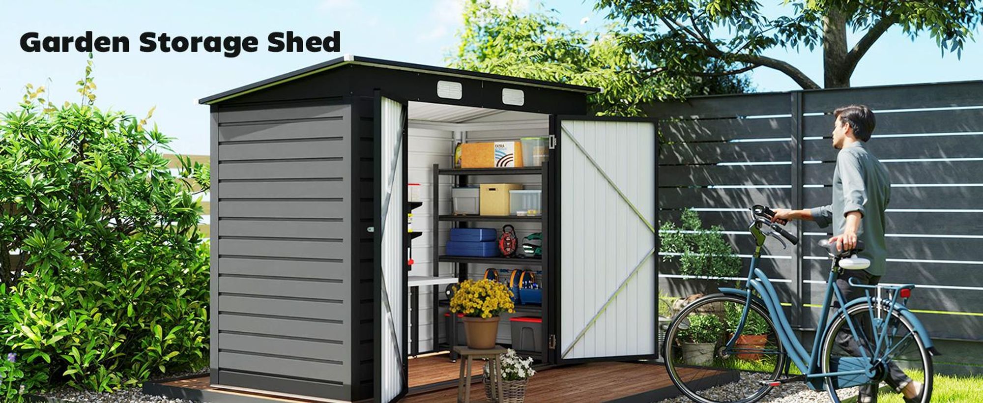 Metalowa szopa narzędziowa Outsunny 4,1 m² 249x121x183 cm z dwuspadowym dachem, zamykana na klucz, z podwójnymi drzwiami i oknem, domek ogrodowy, szafka ogrodowa na podwórko, szary