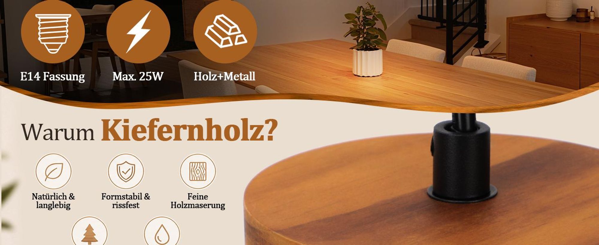 Lámpara colgante ZMH para mesa de comedor, de 3 luces, color , con estructura de madera. Lámpara colgante industrial, ideal para mesa de comedor, salón, comedor o cocina. Casquillo E14