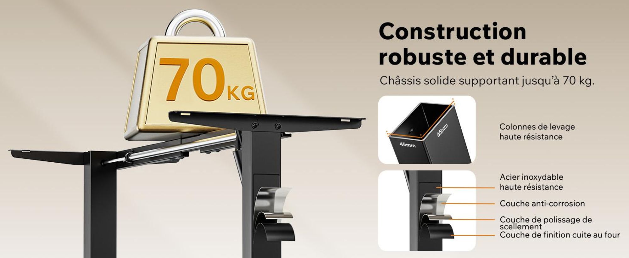 SENSE7 NOJO Light : piètement de bureau électrique réglable en hauteur | 72-118 cm, fonction mémoire, support pour casque, charge max. 70 kg, piètement en acier