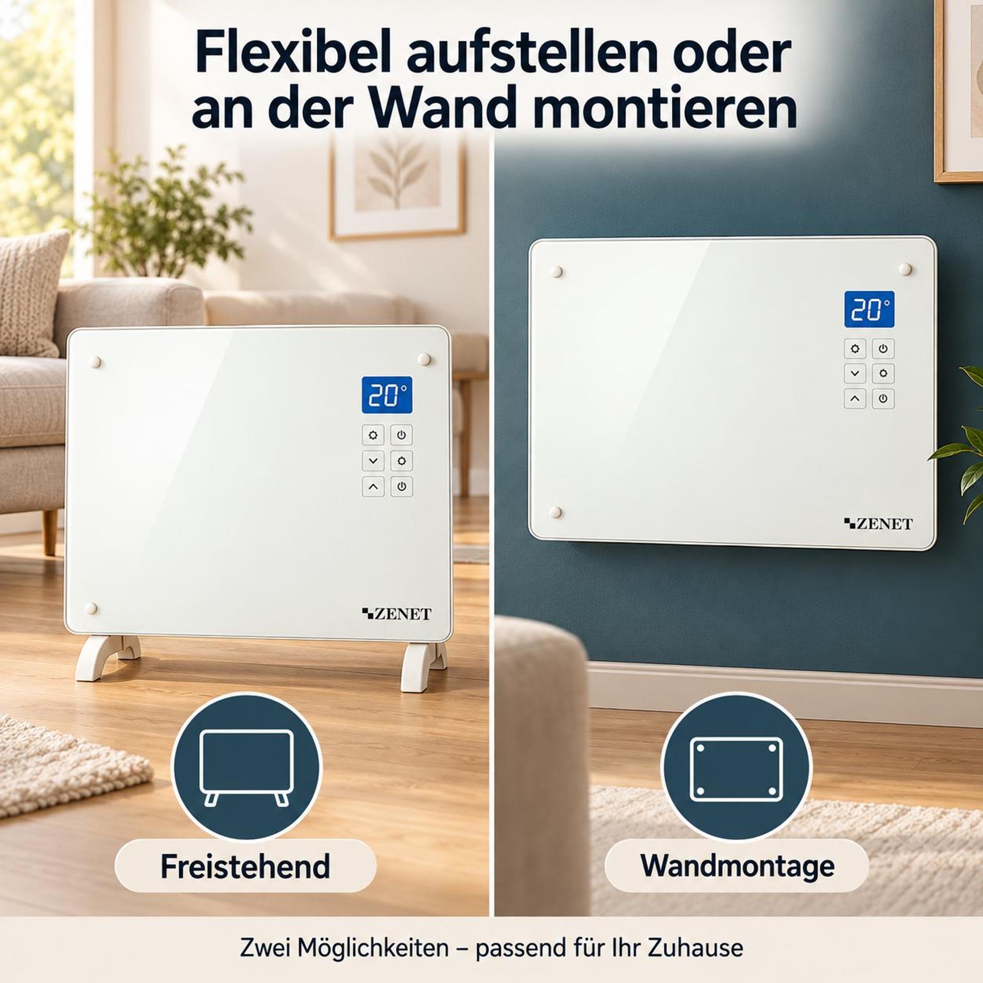 ZENET ZET-526 Glaskonvektor 1500 W Weiß | Elektroheizung mit Thermostat, Fernbedienung & Timer | Wand- oder Standheizung bis 30 m²